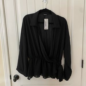 Black sheer blouse with collar and front waist tie